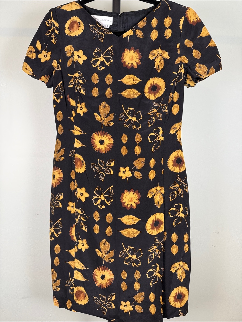 ✨VTG Maggy London Gold Metallic Floral Leaf Stamp Dress Black Retro Sz 10
